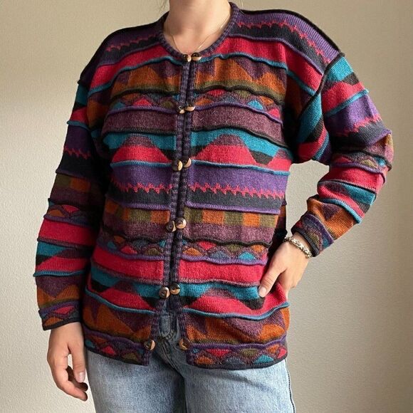 Vintage Iscayo Pure Alpaca Coogi Style Wool Rainbow Peruvian Cardigan Sz S - Picture 1 of 11